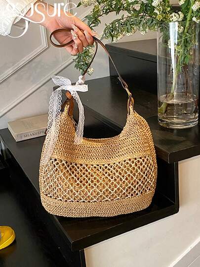 Large Capacity Summer Straw Weaving Shoulder Bag Women's Handmade Crochet Beach Handbag Woven Hollow Out Underarm Knitting Bag Women Hollow Shoulder Bag Large Capacity Straw Weaving Travel Handbag Adjustable Strap Shopper Tote Bag