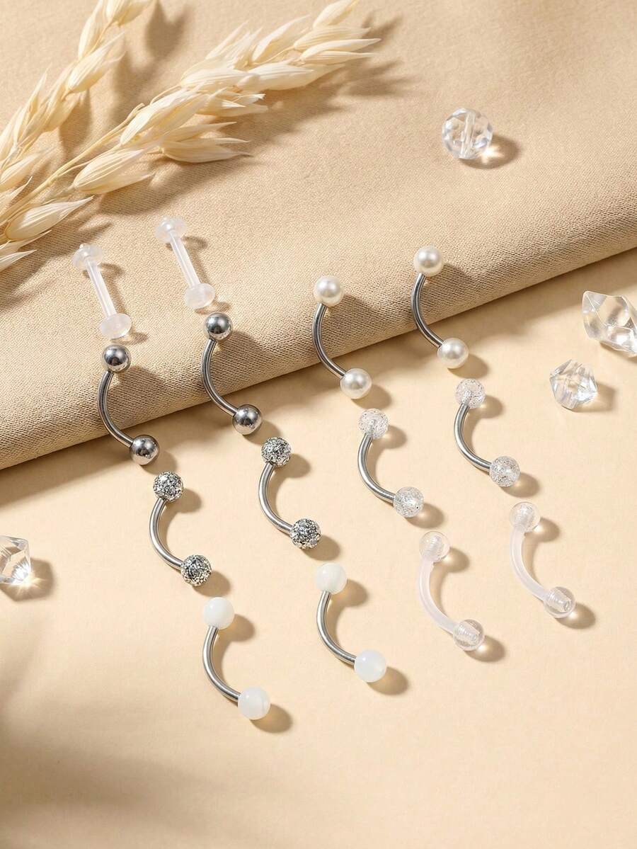 2件装 16G 钛合金弯杆眉钉耳骨钉 G23 耳廓钉肚脐钉唇钉身体穿刺饰品 8mm 10mm - 銀色 - 查看 1