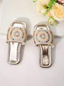 1 Pair Girls' Exotic Beaded Slide Sandals For Versatile Vacation Summer Use - Champagne - View 7