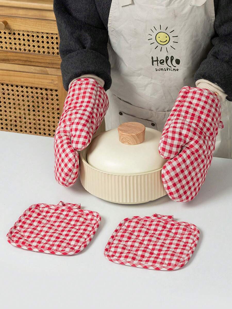 4 piezas Guantes resistentes al calor gruesos y reversibles, accesorios de cocina lavables adecuados para hornear, cocinar y uso diario, con patrón de cuadros clásico que protege las manos de superficies a alta temperatura, tela suave y duradera, adecuado para chefs de hogar, entusiastas de la repostería y tareas diarias de cocina, agregando un estilo rústico atemporal y una función práctica a su cocina - Multicolor - Ver 1