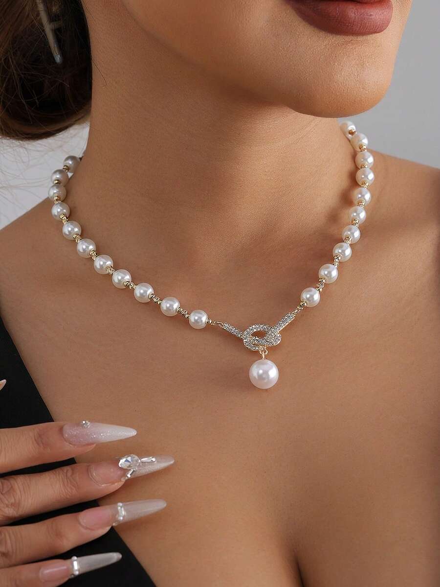 Retro Faux Pearl Bow Y-Shaped Necklace - Unique String Bead Jewelry - Multicolor - View 1