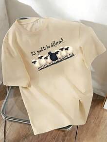 Camiseta de manga corta con cuello redondo con gráfico de oveja "Es genial ser diferente". Camiseta de mujer de estilo minimalista y lindo patrón, casual y versátil, adecuada para el uso diario y de vacaciones. Verano - Albaricoque - Ver 6