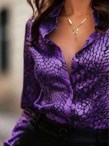 经典蛇纹印花缎面性感迷人衬衫，小众设计，百搭修身，春季度假必备 - 紫羅蘭色 - 查看 2