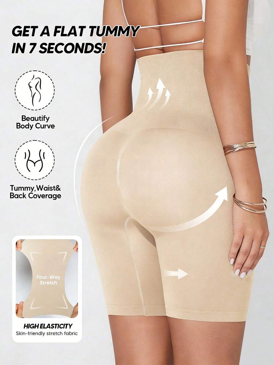 1pc Women's High Waist Tummy Control Mid-Thigh Shaping Shorts, Suitable As Base Layer - Apricot - View 1