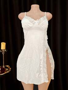 Women's Sexy White Lingerie Set, Lace Trim Side Slit Spaghetti Strap Nightgown, Bowknot Deep V-Neck Sleepwear, Sexy Underwear - White - View 1