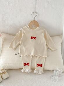 Girls' Bow Tie & Ribbed Casual Top And Pants Set, Spring/Summer - Apricot - View 1