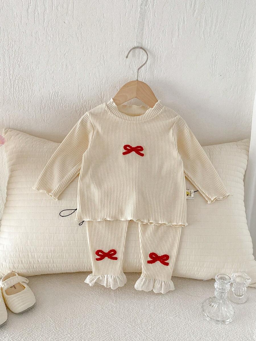 Girls' Bow Tie & Ribbed Casual Top And Pants Set, Spring/Summer - Apricot - View 1