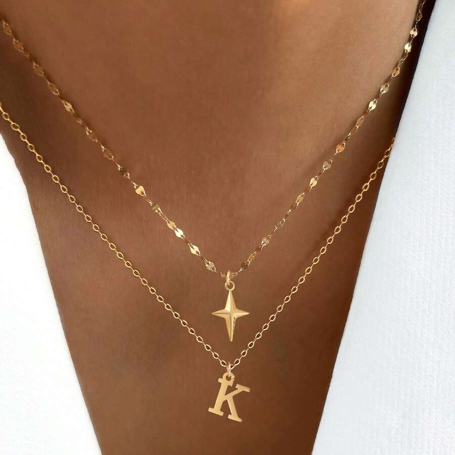 2Pcs/Set New Fashion Star Initial Pendant Golden Stainless Steel Lip Chain Layered Choker Necklaces For Women - Yellow Gold - View 1