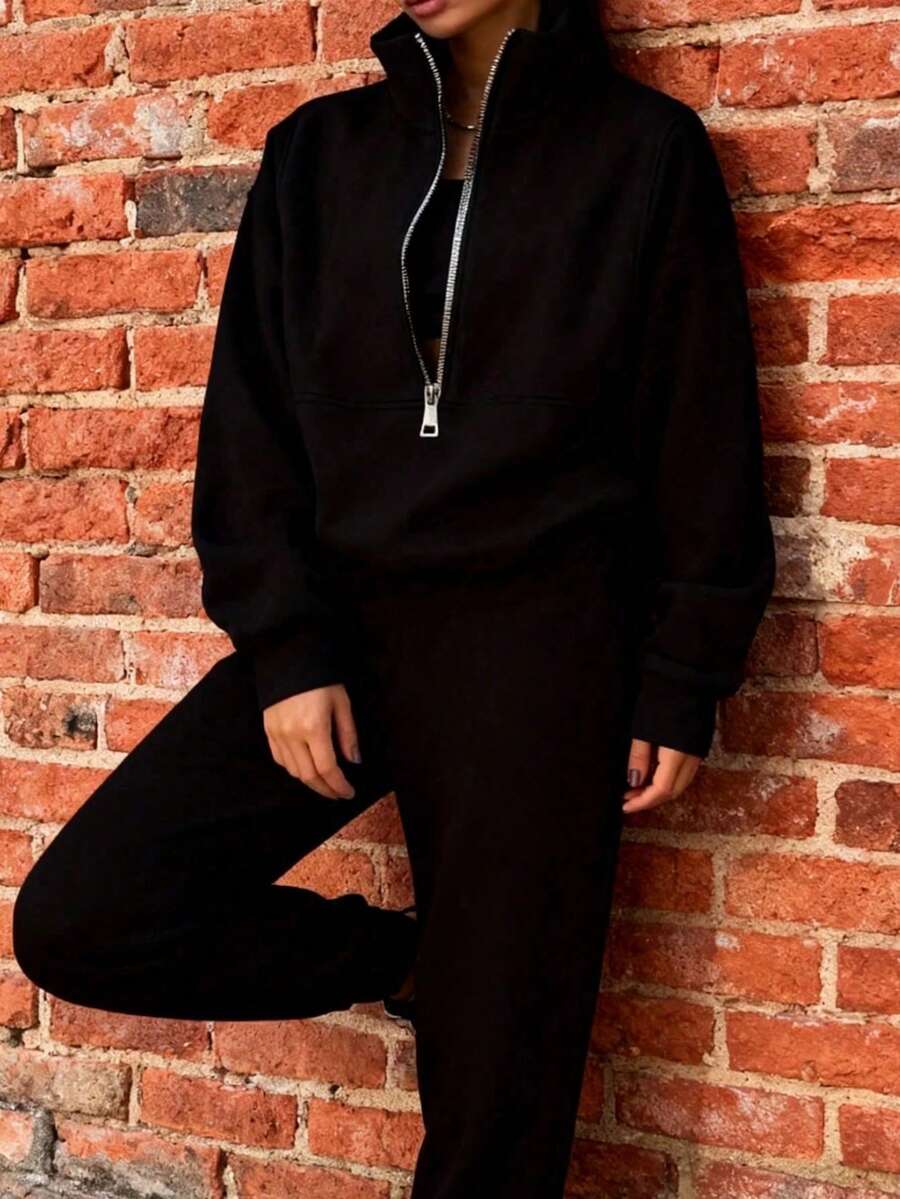 Women's Oversized Half Zip Tracksuit High Neck Loose Fit Sweatshirt And Wide Leg Pants Set Women's Casual Oversized 2 Piece Tracksuit Half Zip High Neck Sweatshirt And Wide Leg Pants Loungewear Cozy Must-Have! Women's Oversized Half Zip Tracksuit High Neck Loose Fit Sweatshirt & Pants Stylish & Comfortable: Women's Oversized 2 Piece Half Zip Tracksuit High Neck Sweatshirt Outfit - 黑色 - 查看 1