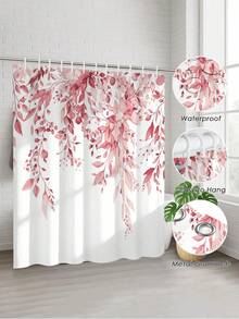 1/4pcs Set Burgundy Watercolor Eucalyptus Floral Shower Curtain Bathroom Set, Boho Natural & Tuscan Style, Waterproof & Durable, Bathroom Decor & Accessories, Includes 12 Hooks - Toilet Seat Cover, Bath Mat & Rug, Polyester Fabric - Washable - Suitable For Holiday Decor, Home/Bedroom/Residential/Western/Spring/Summer Decoration. - Plants [11] - View 3