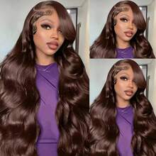 13x4 Body Wave Lace Front Wigs Human Blended Hair Pre Plucked 200% Density HD Transparent #4 Brown Wigs Human Blended Hair For Women Pre Plucked Wigs With Baby Hair Brazilian Virgin Hair Soft And Natural Look Daily Wear Wig - Brown - View 3