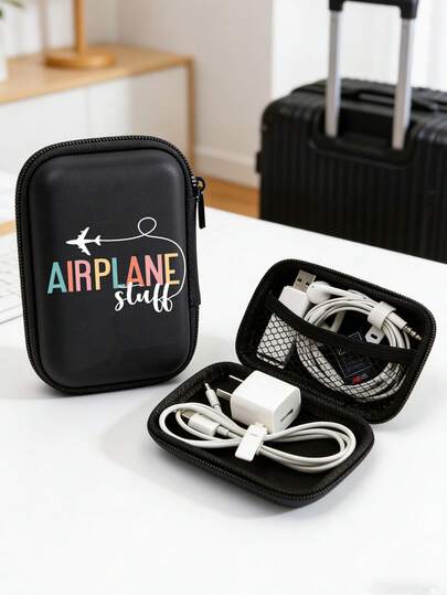Compact Storage Bag With A "AIRPLANE STUFF" Logo Print, Made Of Durable Eva Hard Shell, Suitable For Electronic Additions, Headphones, Hard Drives, Cables, Cards And Playing Cards ; A Protective Travel Pouch With A Drop-Resistant Zipper, Meeting Your Daily Storage Needs. It Can Be Used For Travel Carrying, Work, School, Dormitory Storage, Back To School Season,Travel Essentials, Dorm Essentials Digital Bag Storage Case Electronic Organizer Charger Bag Holiday Essential