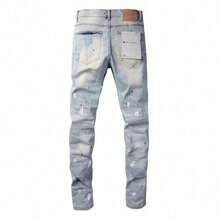 Pantalones de moda con pierna recta y estrecha, estilo callejero estadounidense con estampado rasgado y elástico para hombres - Azul - Ver 2
