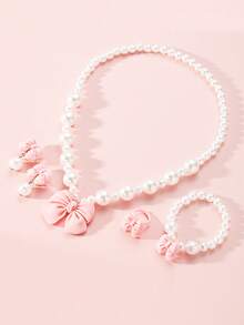 Set de 5 piezas de joyería con moño y perlas para niños, incluye collar, pulsera con cuentas, anillo y aretes, adecuado como regalo de fiesta de cumpleaños o para uso diario de niñas - Unitalla - Ver 5