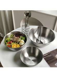 1个带刻度线的不锈钢大容量耐用烘焙盆、沙拉碗、打蛋盆、烹饪盆、家用揉面盆、洗米盆、汤碗、户外露营烹饪沙拉碗，多功能实用厨房工具 - 彩色 - 查看 1