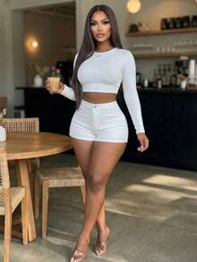 Women's High Waist Stretch Denim Shorts Casual Versatile Outing Shorts - 白色 - 查看 4