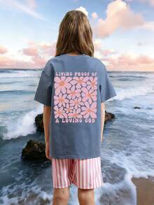 1pc Tween Girls Floral Print Dark Grey Short Sleeve T-Shirt, Student Young Casual Comfortable Fashionable Summer Top - Dusty Blue - View 2