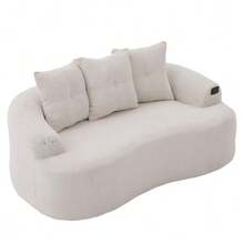 Este moderno conjunto de sofá de dos plazas presenta cojines redondos y profundos con estampado de nubes de chenilla, un diseño compacto sin muelles e incluye tres cojines decorativos. Ideal para apartamentos pequeños. - Beis - Ver 10