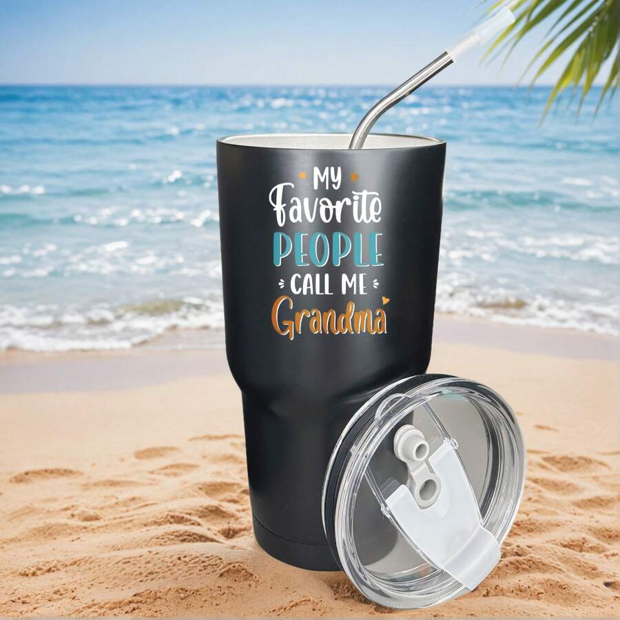 30oz Stainless Steel Tumbler Black White Options, My Favorite People Call Me Grandma Graphic Cups, Insulated Travel Coffee Mug With Lid And Straw , Double Wall Vacuum Reusable Travel Cups, Funny Birthday Party Gift For Men - 黑色 - 查看 1
