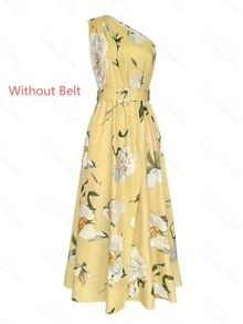 女士印花绿色花边A字连衣裙，优雅无袖无腰带度假连衣裙 - 黃色 - 查看 2