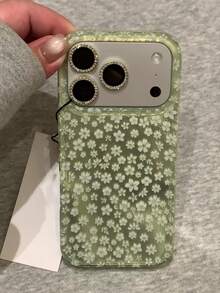 Cute Shiny Pink Flower Phone Case Compatible With IPhone 17 Pro Max, 17 Pro, 16, 15, 14, 13, 12 Pro Max, 11, Floral Spring Anti-Drop Soft Shell - Green - View 1