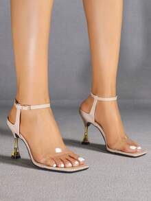 Jin Bei Qi Damen High Heel Sandalen, geeignet für Frühling/Sommer Outdoor Reisen, Einkaufen, Partys, Valentinstag Geschenk, Date Night, modisch elegante Bankette. Transparenter PVC Riemen Design, glänzende apricotfarbene Optik, quadratische Zehenform, 9cm Metallabsatz in Weinglas-Optik, verstellbarer Knöchelriemen, passend zu Anzügen, Kleidern, Jeans - Aprikosenfarben - Übersicht 2