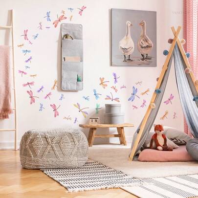 1Set 2sheets Dragonfly Wall Decal, 3D Watercolor Dragonfly Wall Decal, Colorful Insect Vinyl Wall Stickers, Removable Wall Art Stickers For Home Bedroom Living Room, 410x390mm, Wall Decorations, Room Decor, Home Decor