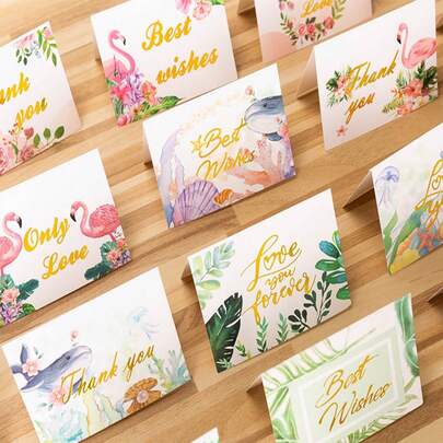 AFYPRTY 50张3.74英寸×5.5英寸白色卡纸卡片，饰以金色箔印热带花卉和海洋动物图案，三角形支架设计，内页空白，适用于婚礼、周年纪念、生日、情人节、感谢、桌面装饰和便签等场合。