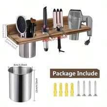 Multi Functional Wooden Wall Mounted Hair Tool Storage Container, Suitable For Hair Dryers, Curling Irons, Straighteners, Brush Holders, Bathroom Accessories, And Beauty Salon Storage Tools - Brown - View 3