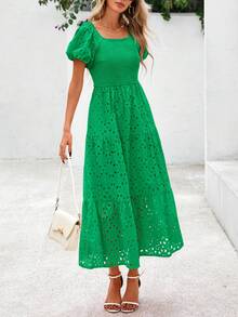 Summer Dresses For Women  Eyelet Square Neck Puff Sleeve Smocked Wedding Guest Maxi Dress With Pockets - Green - View 2
