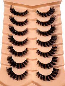 7对/包 自然蓬松仿貂毛假睫毛，迷人凌乱毛绒假睫毛，8D纤长浓密假睫毛，狐狸眼提拉妆效，整条假睫毛，睫毛嫁接 - 黑色 - 查看 3