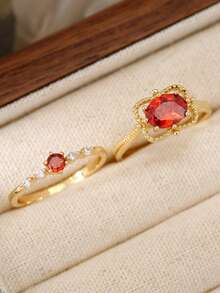2件套红色锆石时尚戒指套装，优雅个性戒指套装，适合女士日常佩戴 - 金色 - 查看 1