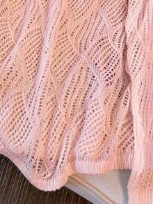 Women's V-Neck Hollow Rhombus Design Loose Knit Cover Up, Lightweight Breathable Cover-Up For Beach & Holiday, Spring/Summer Vacation - Pink - View 5