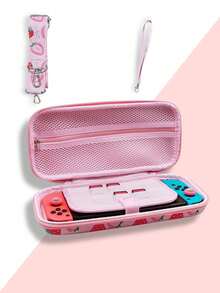 Portable Carrying Case, Cute Pink Strawberry Design With Shoulder Strap And Joystick Cap Set - View 8