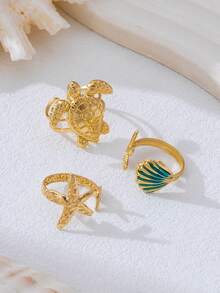 Set de 3 piezas de joyería de anillos abiertos con estrella de mar y concha de estilo oceánico azul, adecuado para vacaciones de playa casuales - Amarillo Oro - Ver 2