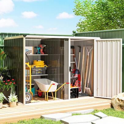  Outsunny Casetta da Giardino 2.7m² in Acciaio Zincato Design Layout Diviso con 2 Ripiani, Capanno da Giardino Porta Attrezzi con Porta Bloccabile, Chiavi, Tetto Inclinato, Guanti, Grigio Scuro