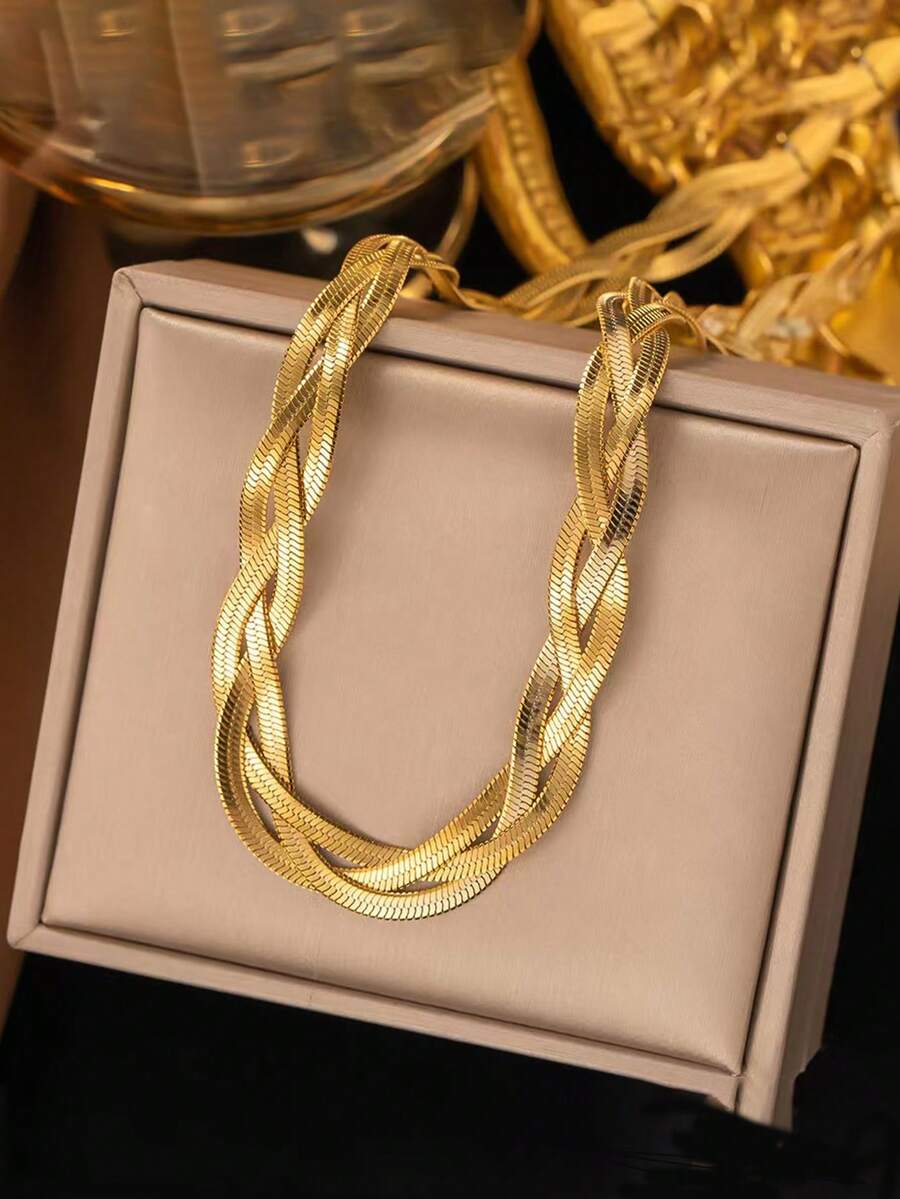 RAYQUEEN 1pc Handmade Stainless Steel 3-Color Chain Design Necklace & Bracelet Set, Suitable For Daily Wear And Gift - Yellow Gold - View 1