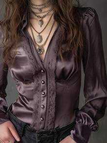 de satén con cuello en V, manga abullonada y encaje retro francés elegante, camisa de mujer de manga larga con botones frontales y parches de encaje, para uso en la oficina, primavera/verano - púrpura brumoso - Ver 3