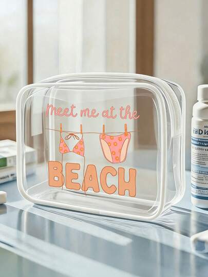 Meet At The Beach' Letter Print Waterproof PVC Beach Bag With Shells And Starfish, PVC Cosmetic Bag, PVC Travel Organizer Pouch With Zipper Closure - Lightweight Fade-Resistant Makeup And Toiletry Bag Suitable For Women And Men, TSA-Approved Portable Cosmetic Case, Easy-To-Wipe Design, Ideal For Mothers, Teachers, Friends, Nurses, School, Vacation, Holidays, Mother's Day Gift, Travel Essentials