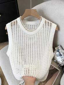 女士春夏时尚：优雅、都市、现代、海滩、度假、休闲、简约白色圆领无袖针织上衣；夏季上衣、夏季套装、女士派对上衣、女士海滩套装、女士外出上衣、优雅派对上衣、女士假日套装、女士休闲上衣、白色上衣 - 白色 - 查看 2