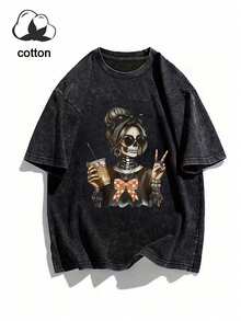 女士骷髅印花圆领短袖休闲宽松T恤 - 黑色 - 查看 5