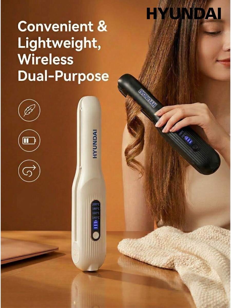 HYUNDAI 1个迷你无线二合一卷发/直发器，USB充电，4000mAh电池，持久耐用，恒温防烫，负离子护发，便携式旅行美发造型工具，绝佳礼物 - 彩色 - 查看 1