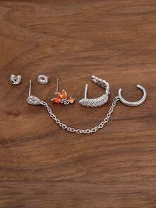 3pcs Vintage Orange Zirconia Earring Set, Chain Cartilage Stud Earrings, Pierced Jewelry Gift For Women, Engagement/Birthday - Silver-4# - View 4
