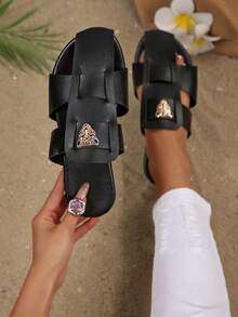 女士圆头露趾拖鞋，夏季新款时尚舒适单带凉拖，大码女士沙滩鞋，柔软女士人字拖 - 黑色 - 查看 7