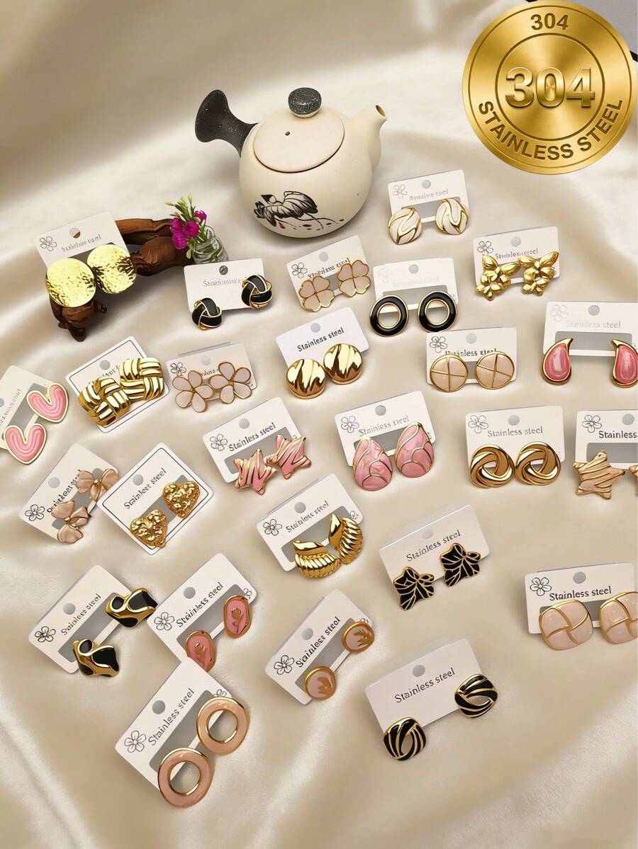 20件套优雅耳环套装。这些耳环采用304不锈钢制成,品质上乘,无致敏风险。适合日常佩戴,也可作为特殊场合的礼物(款式随机)。 - 彩色 - 查看 1