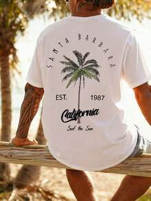 2025 Summer New Arrival Men Coconut Tree Letter Print Short Sleeve Round Neck T-Shirt, Casual Holiday Wear - White - View 5