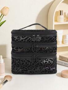 1个豪华三层化妆包，黑色植绒豹纹网眼化妆品收纳包，伴娘礼物化妆品收纳手提包 - 彩色 - 查看 8