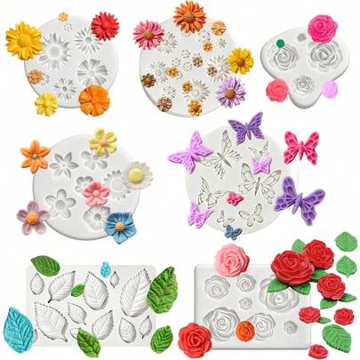 7件套硅胶聚合物粘土模具，花卉和蝴蝶硅胶模具，适用于树脂饰品和石膏艺术装饰DIY工艺工作坊和手工礼品赠送