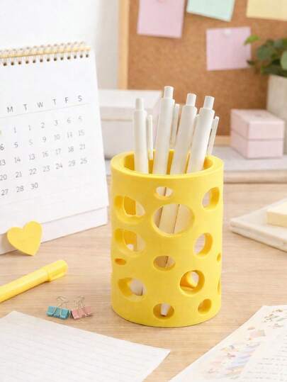 Cute Cheese Shaped Student Desk Pen Holder, Creative Cartoon Cheese Design Pen Organizer Box, Fashionable Yellow Desktop Storage, Suitable For School And Home Office, Kawaii Stationery Accessory, Large Capacity Hollow Pen Rack, Dorm Desk Decor, Interesting Gift For Teenagers, Back To School Essential, Desktop Storage, University And High School Dorm Decor