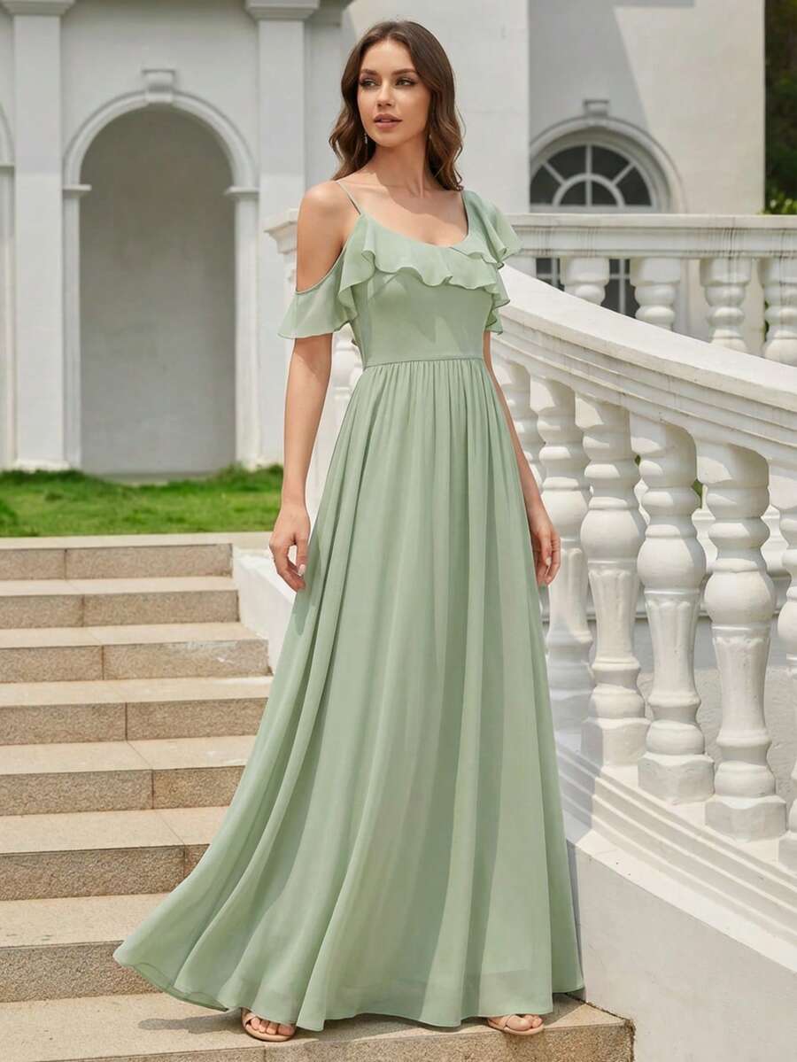 EVERPRETTY Elegant Minimalist V-Neck Asymmetrical Ruffle Salvia Green Bridesmaid Dress, Suitable For Spring/Summer Wedding, Guest, Vacation, Cocktail Party - Mint Green - View 1